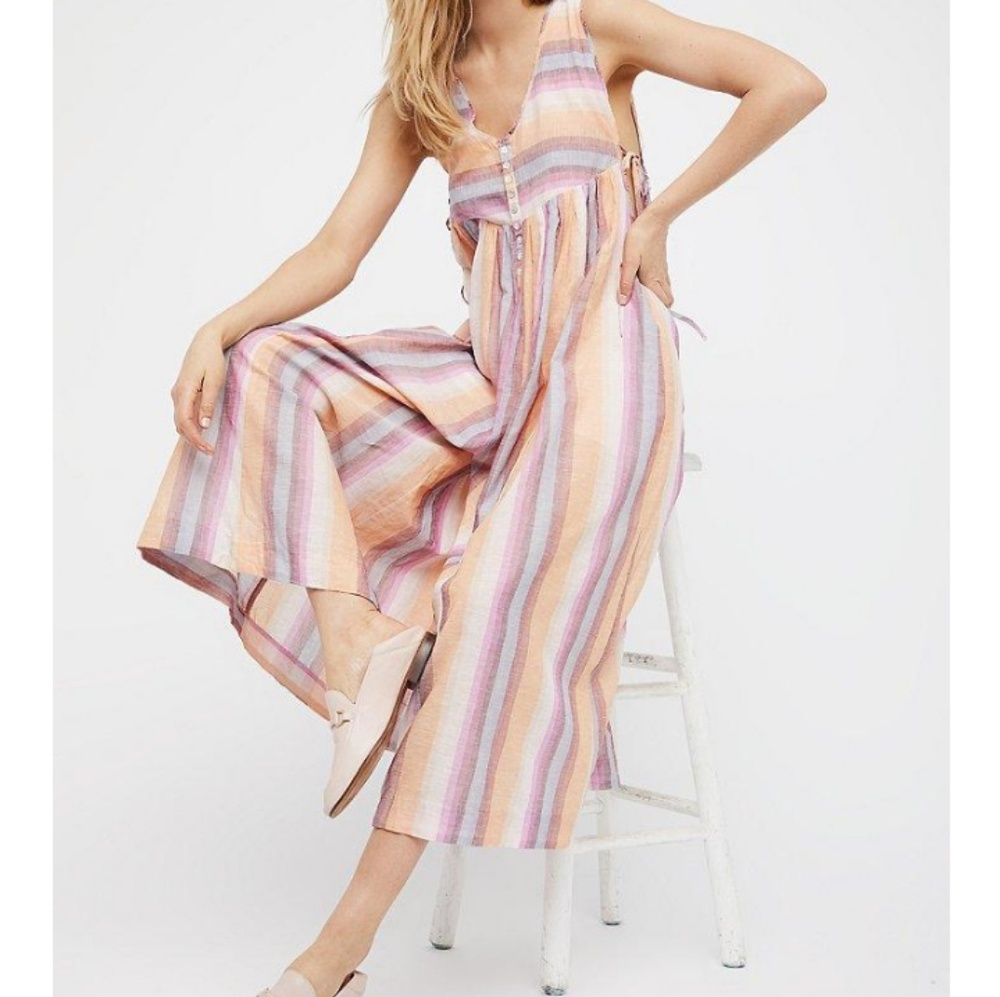 Free People Nora Striped Pastel Linen Jumpsuit